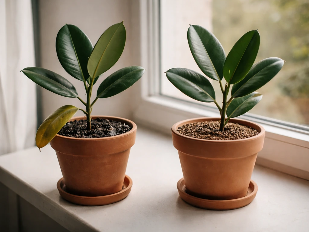 Two small rubber plants in pots—one drooping in wet soil, one thriving in drier, well-drained soil.