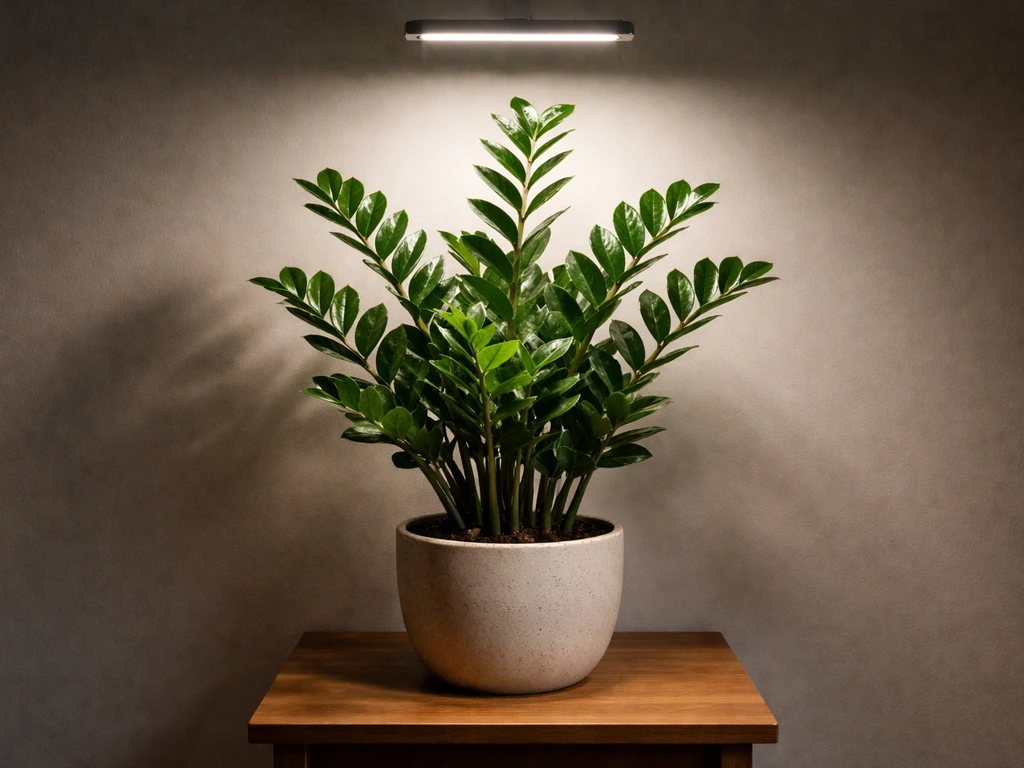 ZZ plant thriving indoors under an LED grow light in a dim corner room.