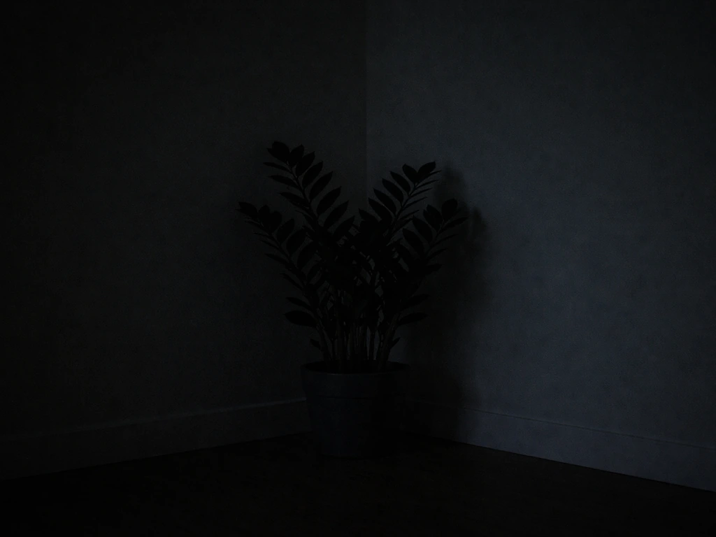 ZZ plant in a dim, unlit indoor corner with no sunlight visible, emphasizing lack of light.