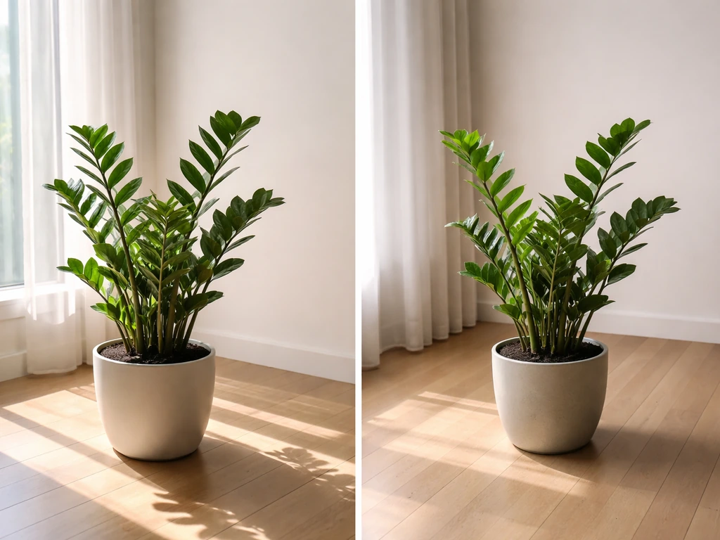 ZZ plant in a bright window glow, with a second ZZ plant farther away showing dimmer light