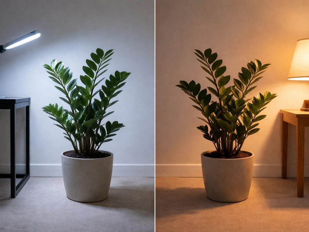 ZZ plant lit by an LED grow light next to a standard warm household lamp in a plain windowless room.