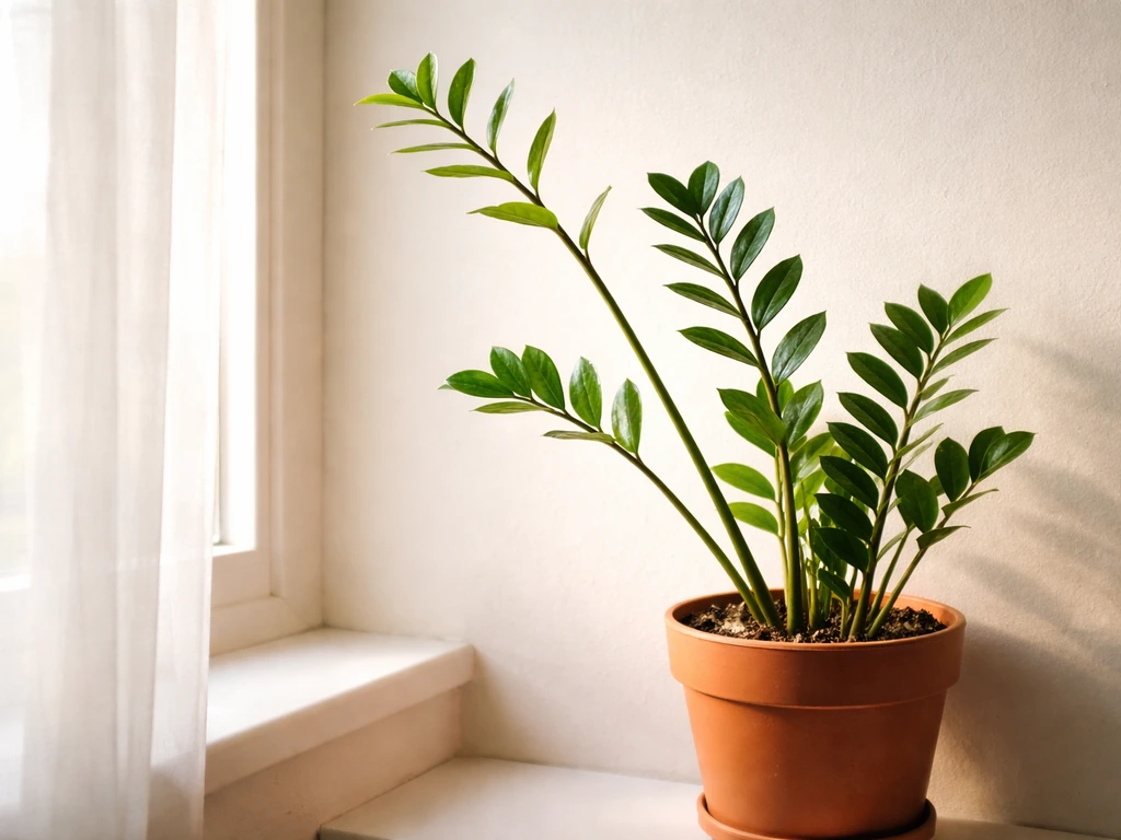 ZZ plant in a terracotta pot with stretched, leggy stems leaning toward a bright window light.