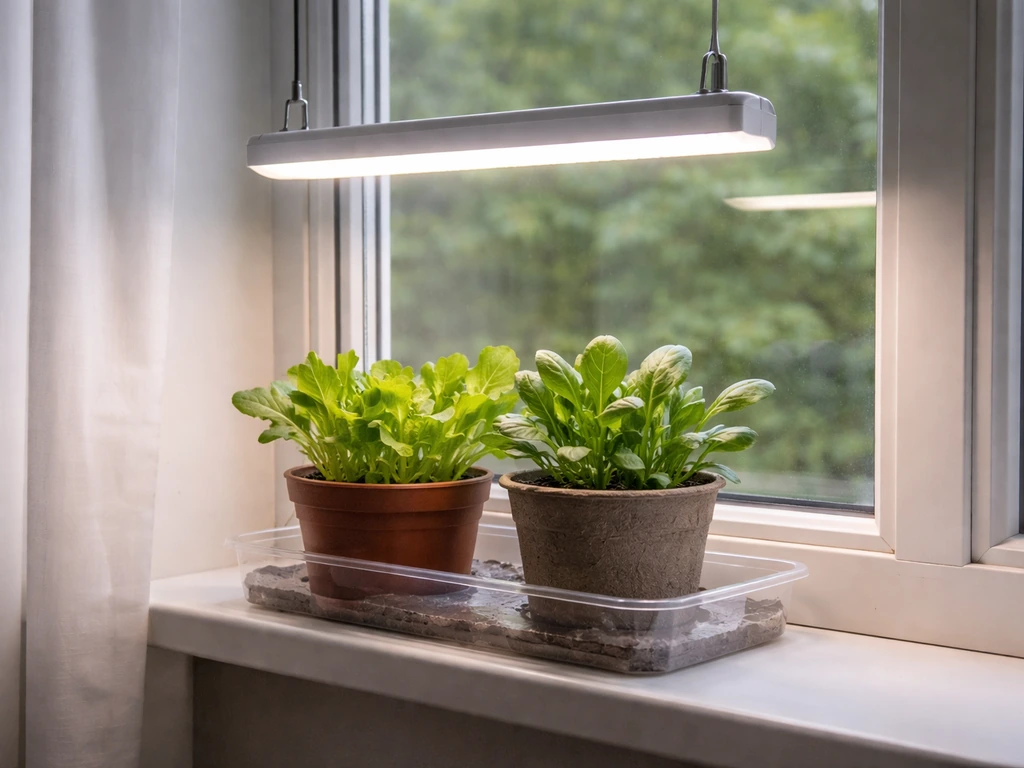 Leafy greens by a window with an overhead LED grow light softly illuminating them indoors.