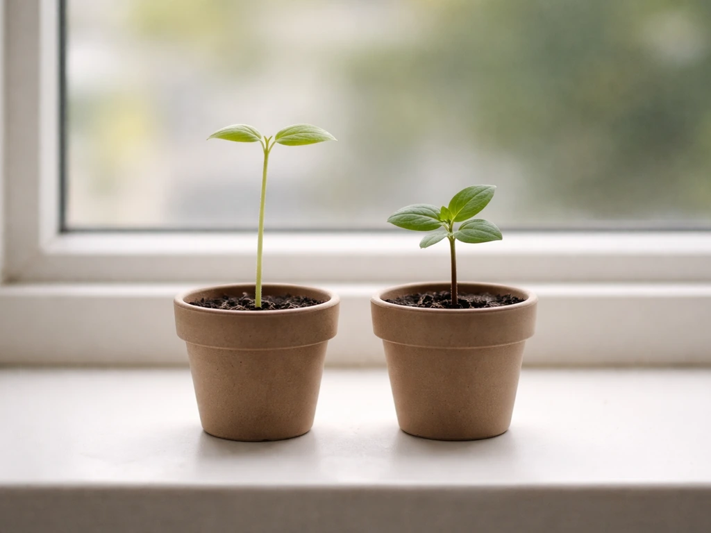 Two seedlings side-by-side: one pale and leggy, the other compact and healthy under stronger light.