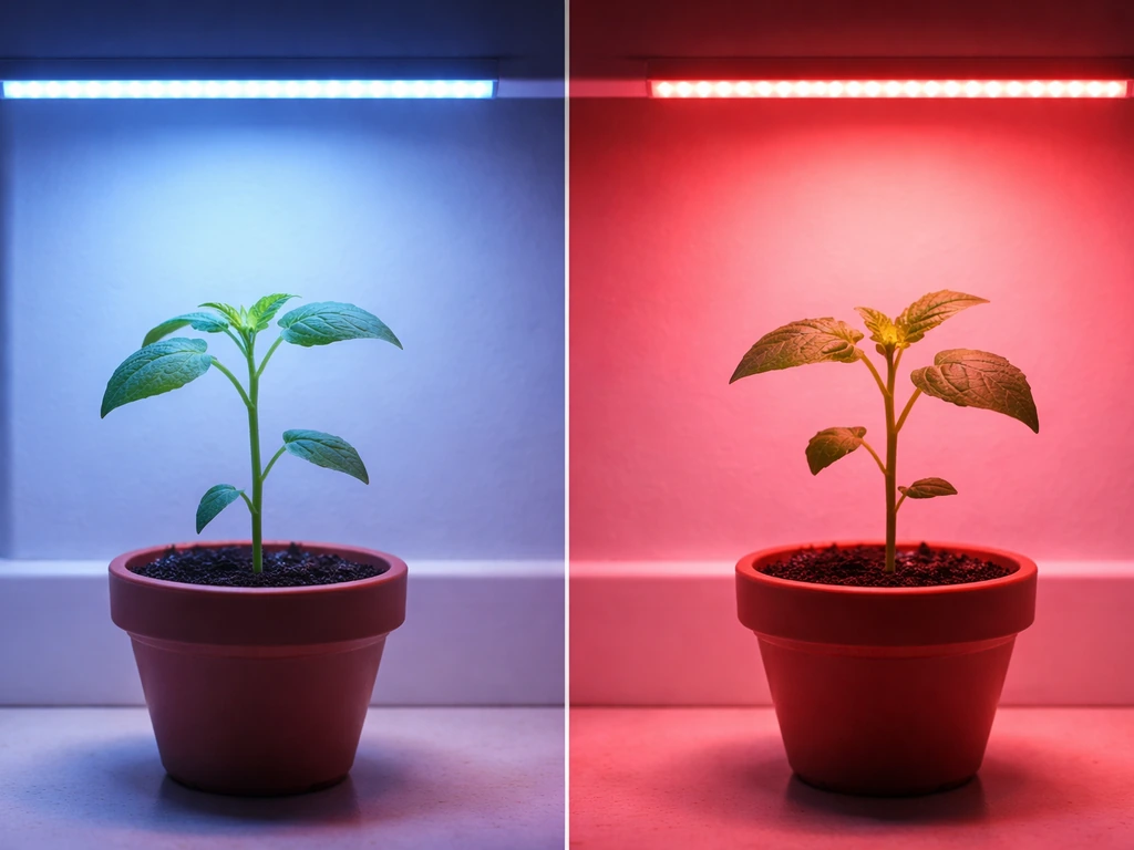 Two potted vegetable seedlings under contrasting red and blue LED light, showing different growth shapes.