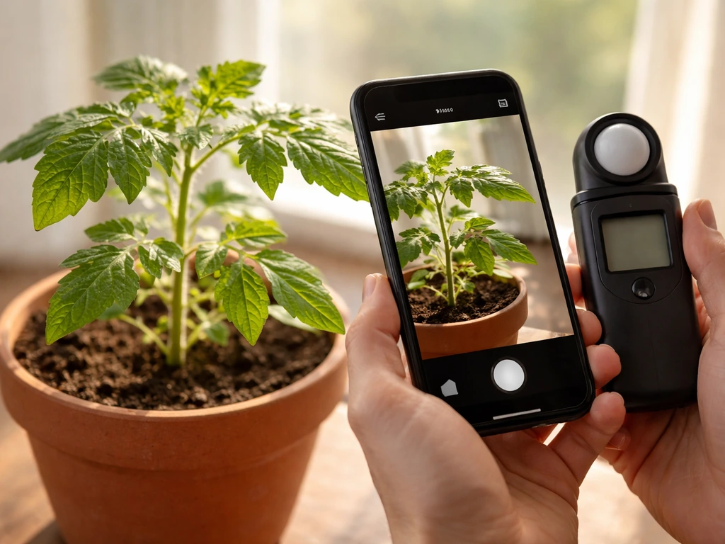 Handheld light meter measuring light on a potted vegetable at different heights