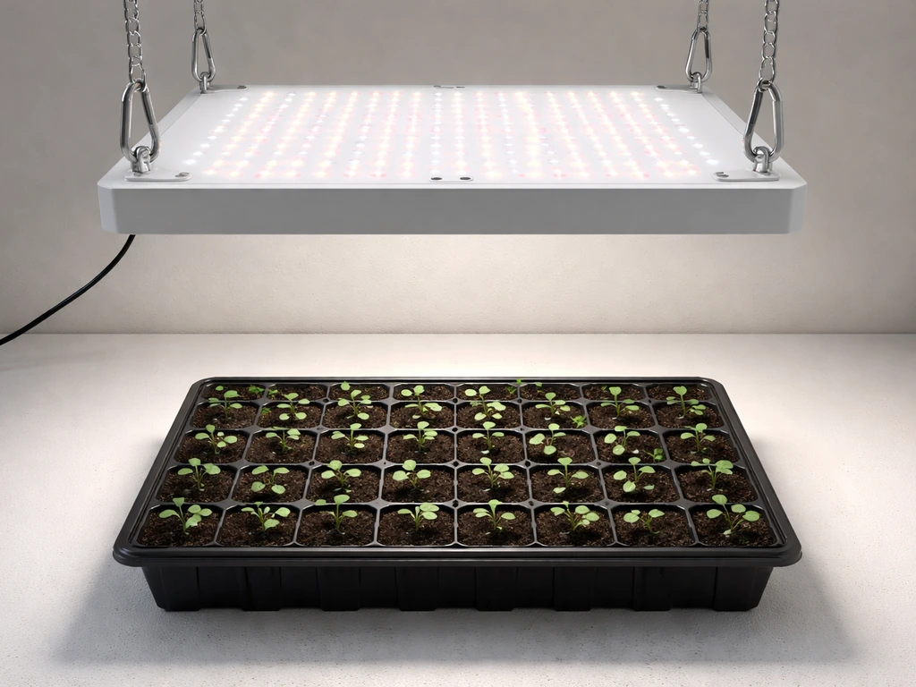 Overhead view of an LED grow light above a seed-starting tray with adjustable height over seedlings.