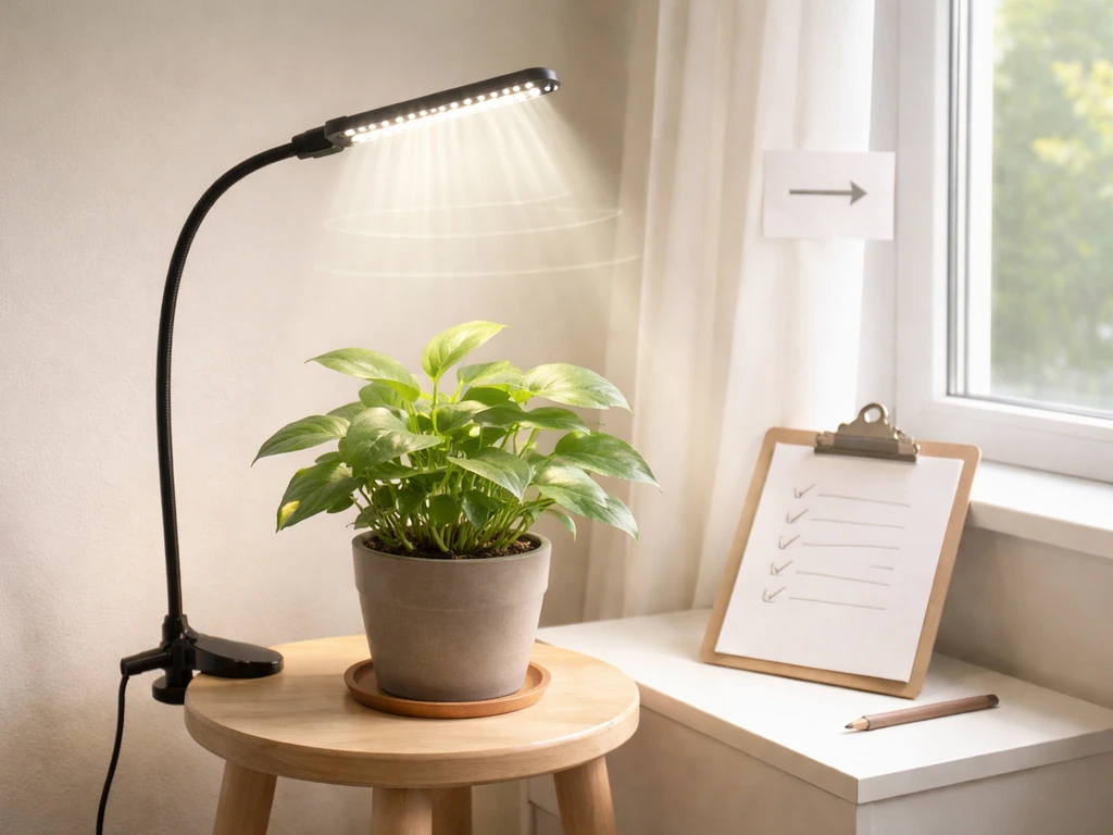 Indoor plant station with grow light on schedule above a simple clipboard plan near a bright window