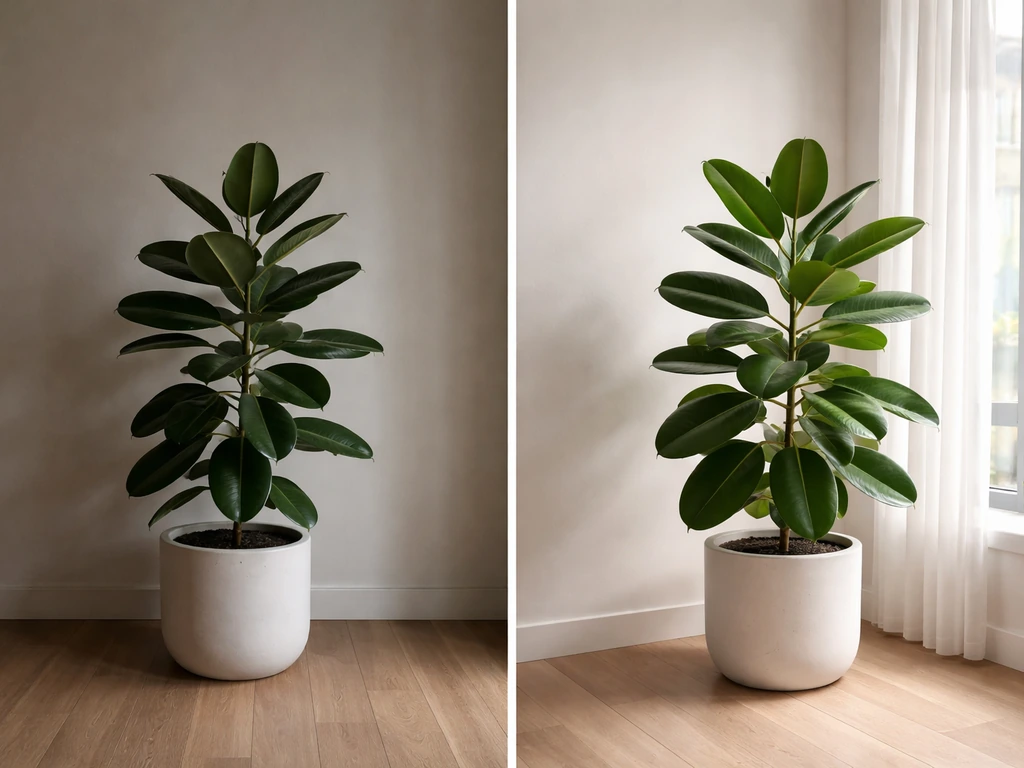 Rubber tree in two indoor spots: far from window in dim shade and near window in bright indirect light.