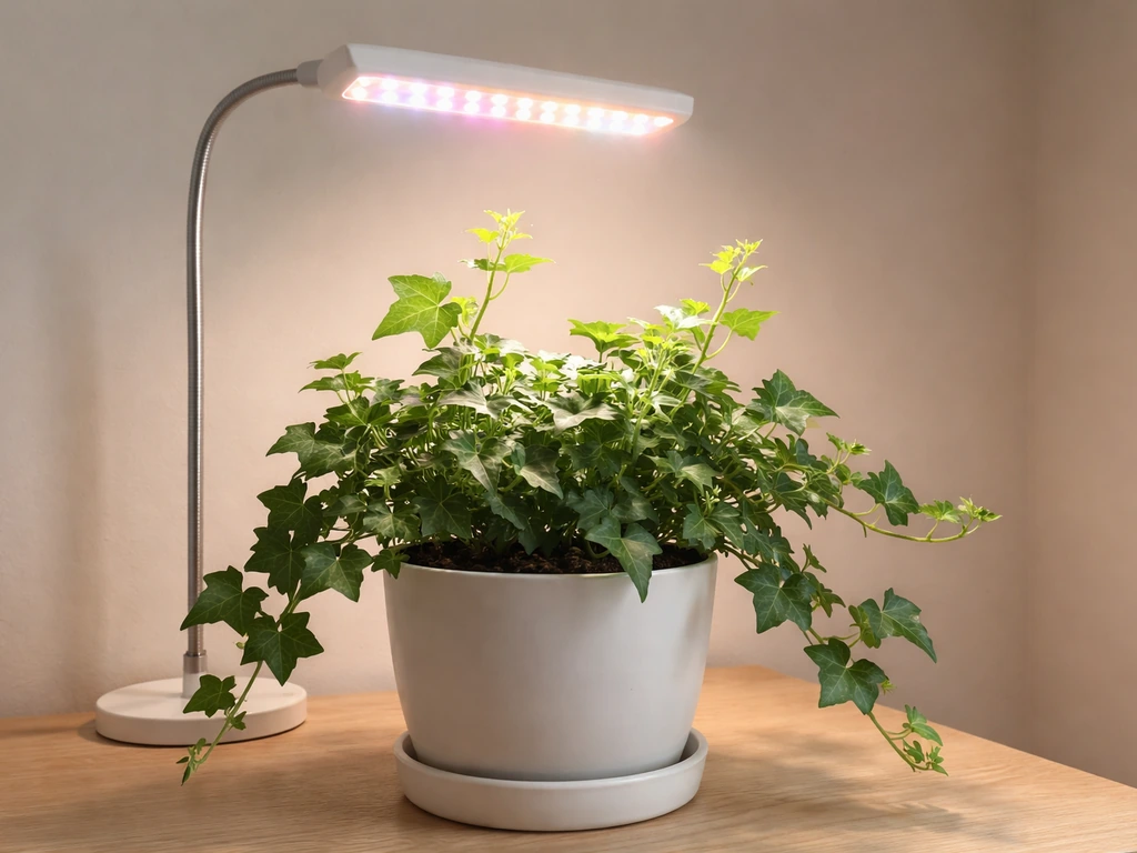 English ivy thriving indoors under a clearly visible LED grow light in a simple pot