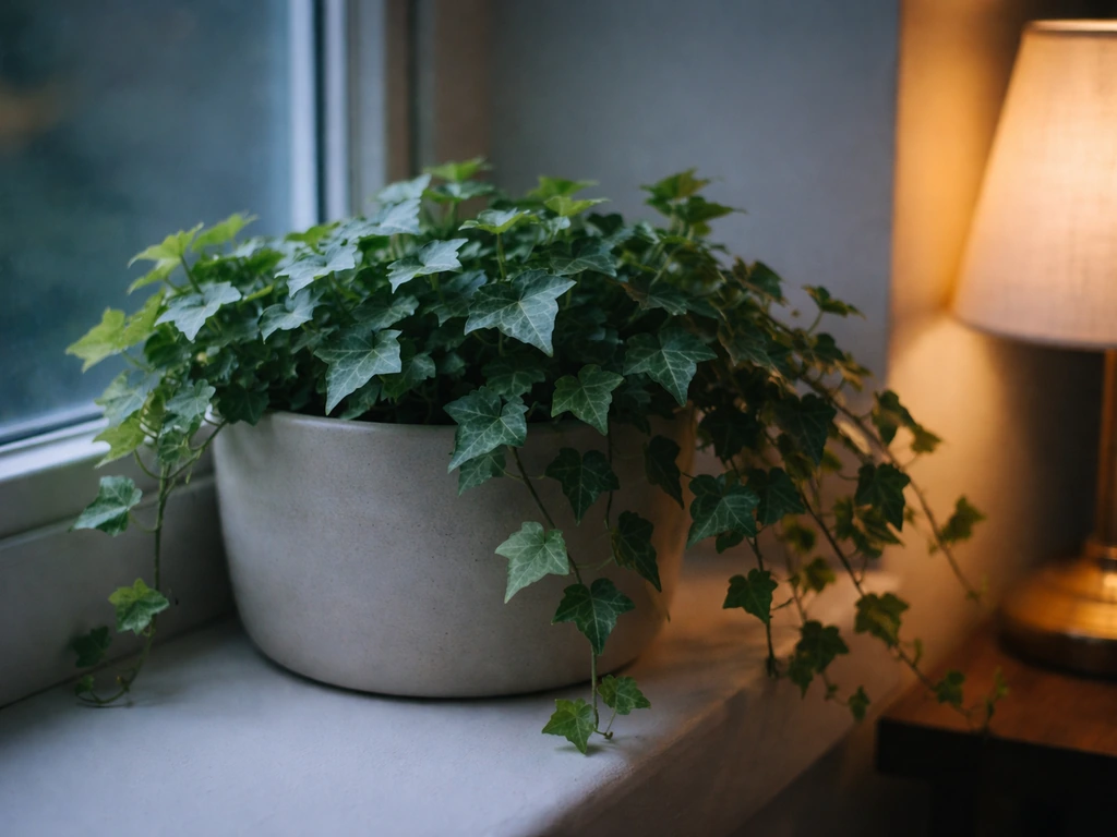 Dense English ivy leaves in a low-light indoor corner beside a dim light source.