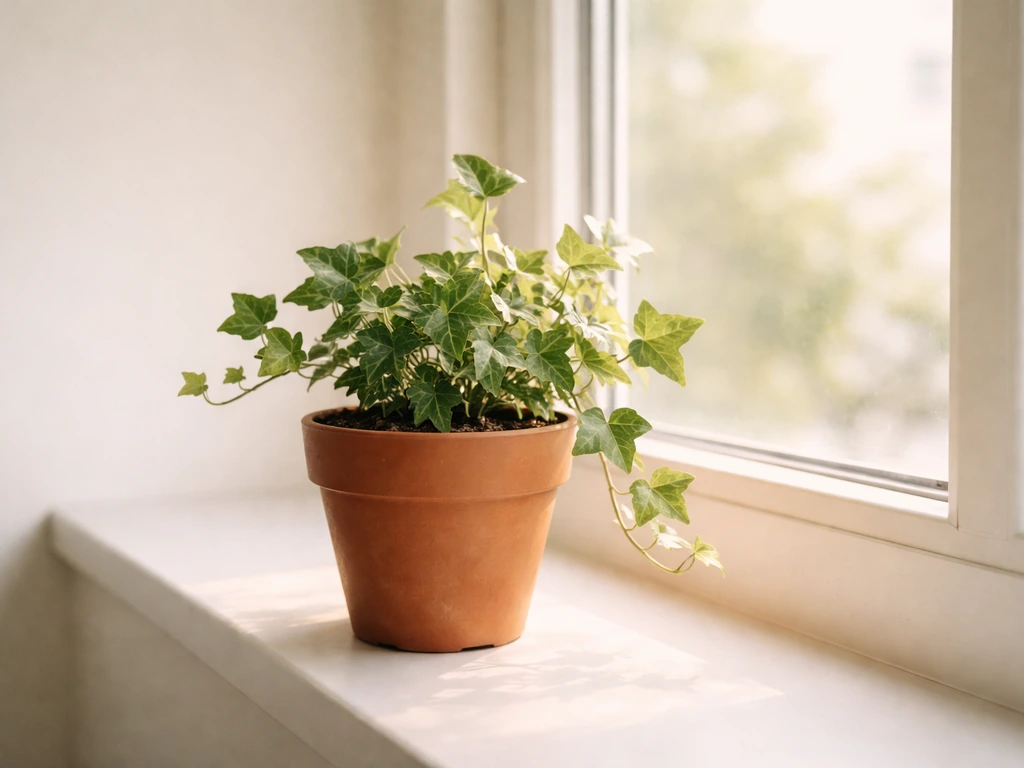 Potted ivy placed close to a bright window, catching natural daylight on a simple windowsill.