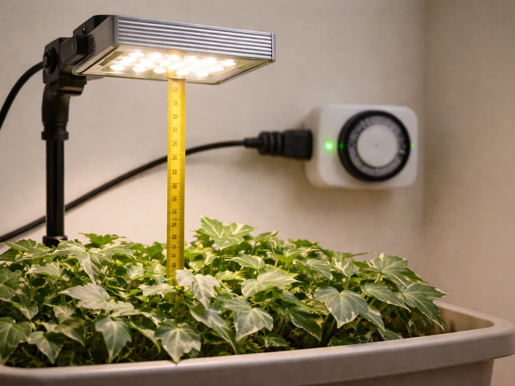 Close-up of an LED grow light above ivy with a small timer showing a simple photoperiod plan.
