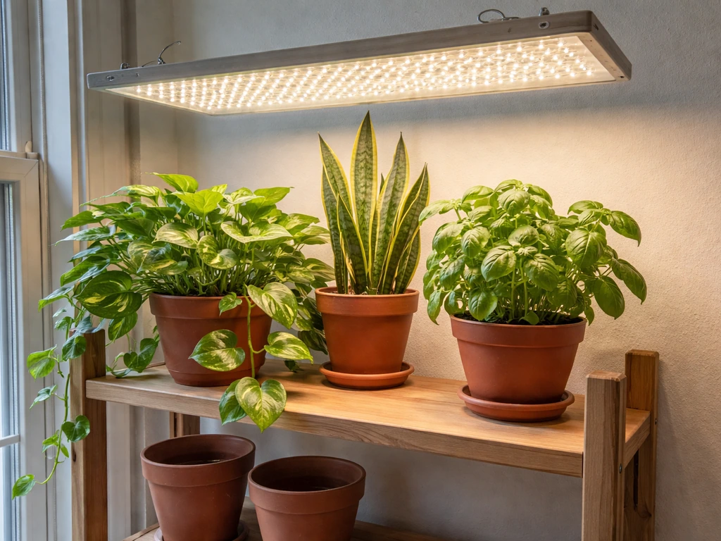 Several houseplants under a visible LED grow light panel in a simple indoor setup.