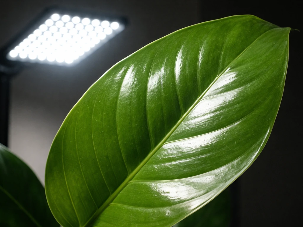 Close-up of a houseplant leaf lit by a cool LED grow light, light visibly hitting the foliage.
