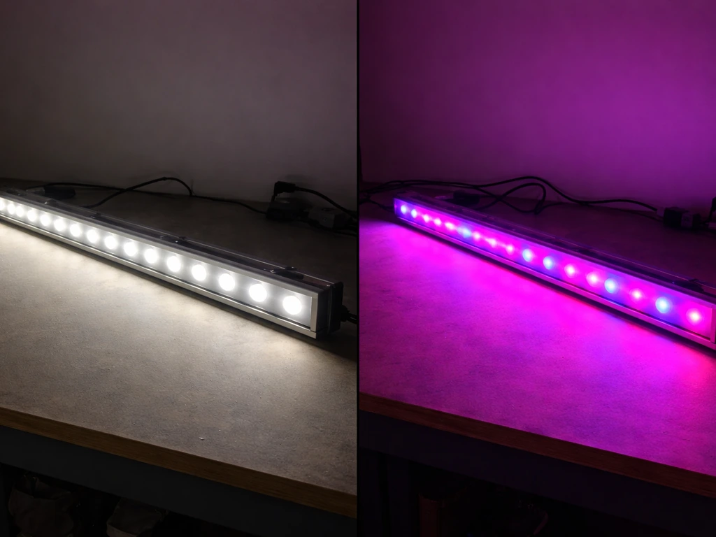 Side-by-side glow of bright white LEDs versus purple blurple (red+blue) LEDs on a bench.