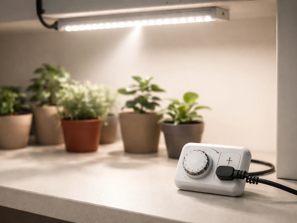 LED grow light and a simple light timer controller on a tabletop beside potted plants.