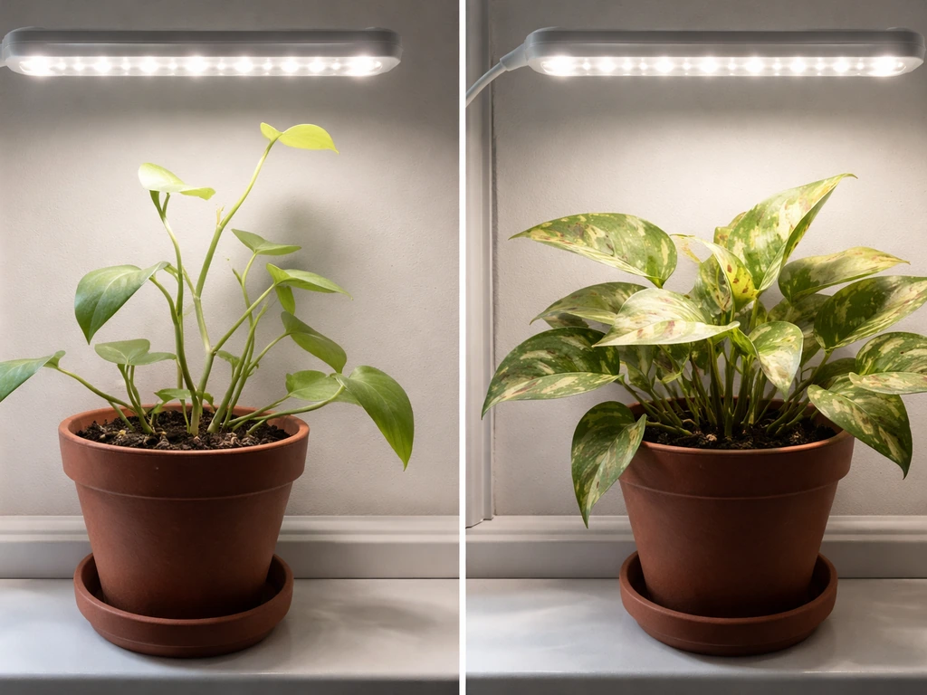 Two side-by-side potted plants: one pale and leggy from too little LED light, one scorched/bleached from too much.