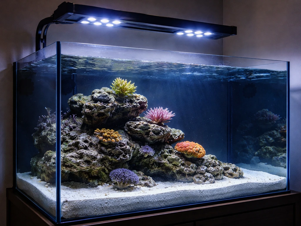 Indoor saltwater reef aquarium with LED light overhead and corals placed at different heights under water