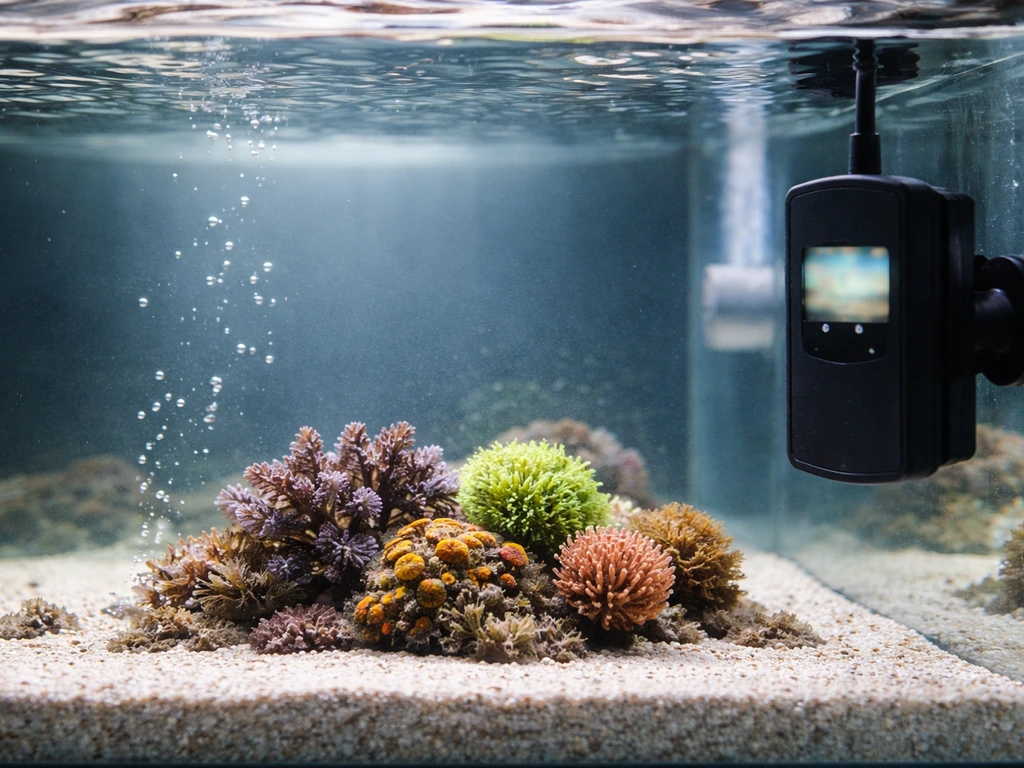 Snorkeling-style view of coral in an aquarium with a blurred PAR meter glow nearby.