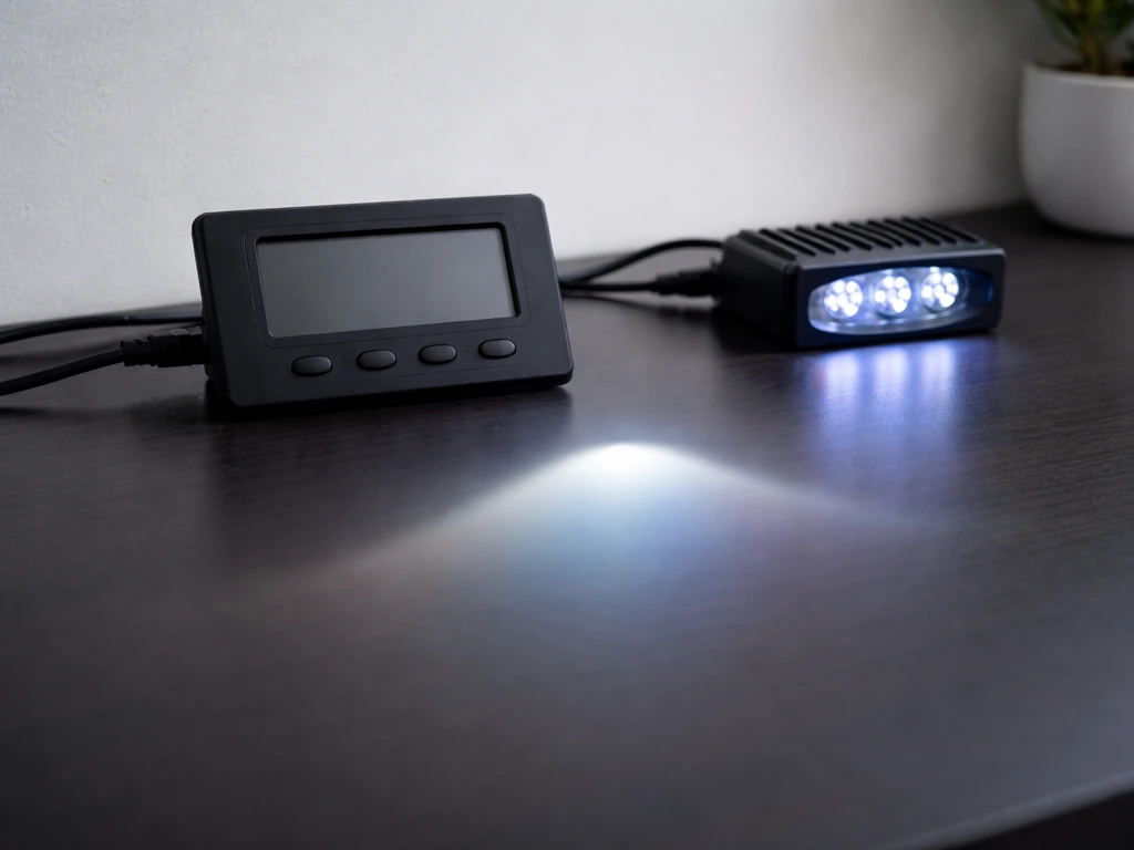 Timer controller beside a reef light, with a subtle blurred light ramp indicating a peak photoperiod window.