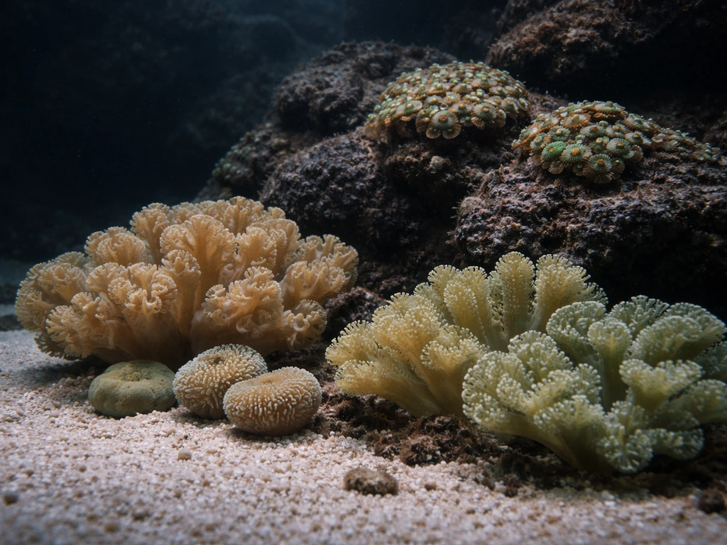 Underwater view of soft corals on sand and rock, lit dimmer in the lower zone, minimal reef scene.