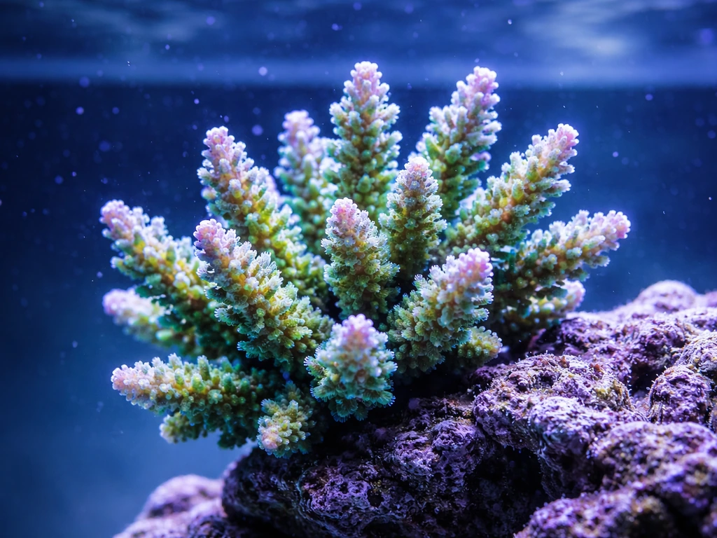 Close-up of vibrant Acropora SPS coral on upper rock under strong blue LED lighting in an aquarium