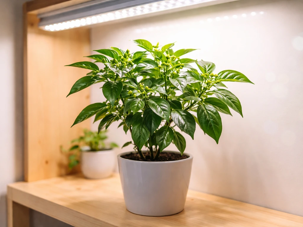 Leafy indoor fruiting plant under LED grow lights, hint of small developing fruit in bright minimal setup.