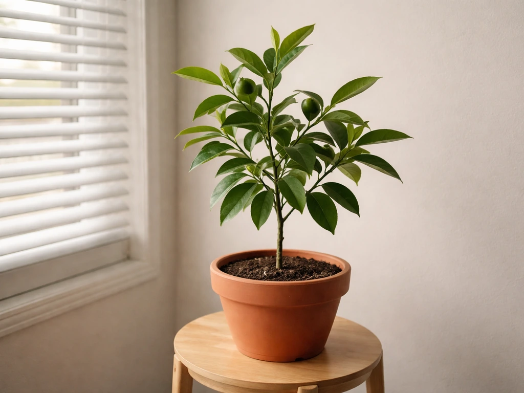 Indoor fruit plant near a window with blinds blocking direct sun, only soft ambient light.