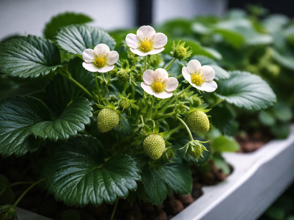 Indoor strawberry plant with flowers and small green fruit under cool LED grow lights