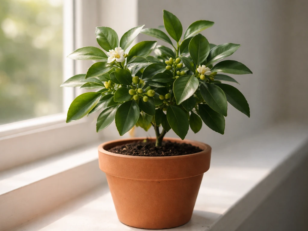 Dwarf citrus plant indoors in a pot, with small blossoms and tiny fruit under bright grow lights.