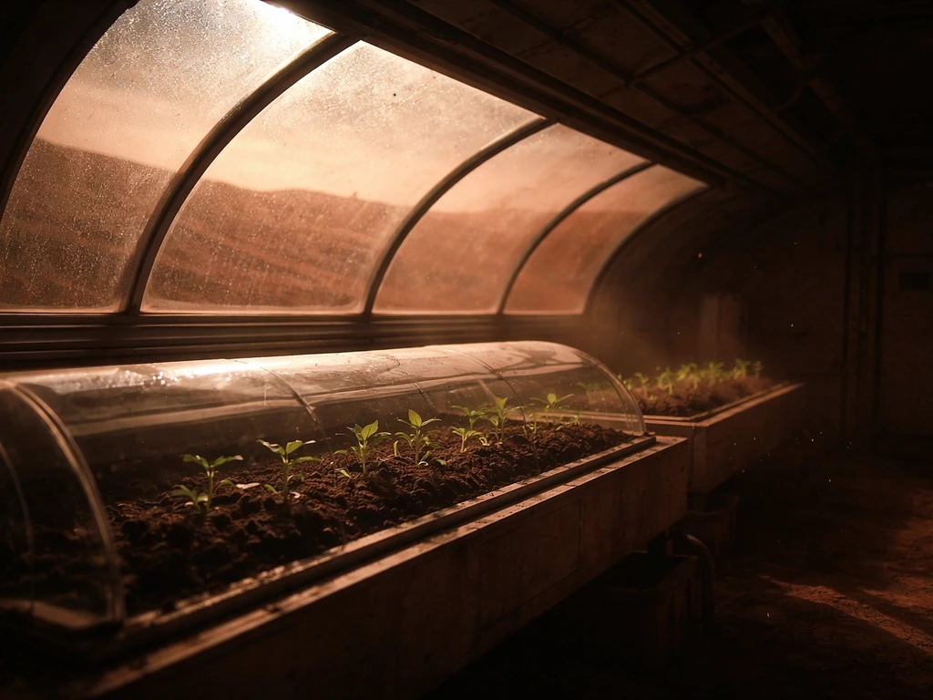 Small plant sprouts growing inside a Mars greenhouse under a skylit dome with dim red sunlight.