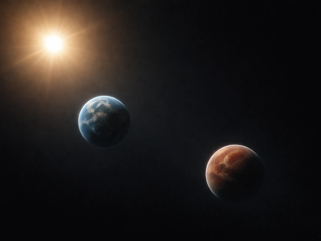 Two planets at different distances from the Sun, showing dimmer light reaching the farther one like Mars.