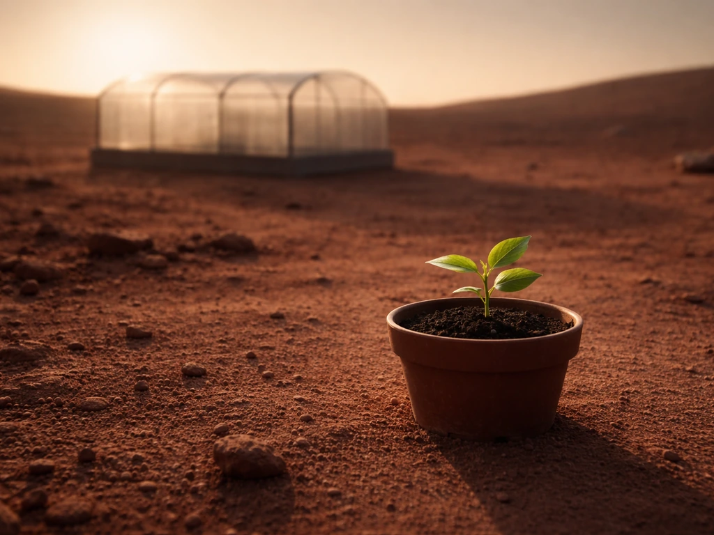 Small plant in a Martian soil pot under dim low-angle sunlight with long shadows.
