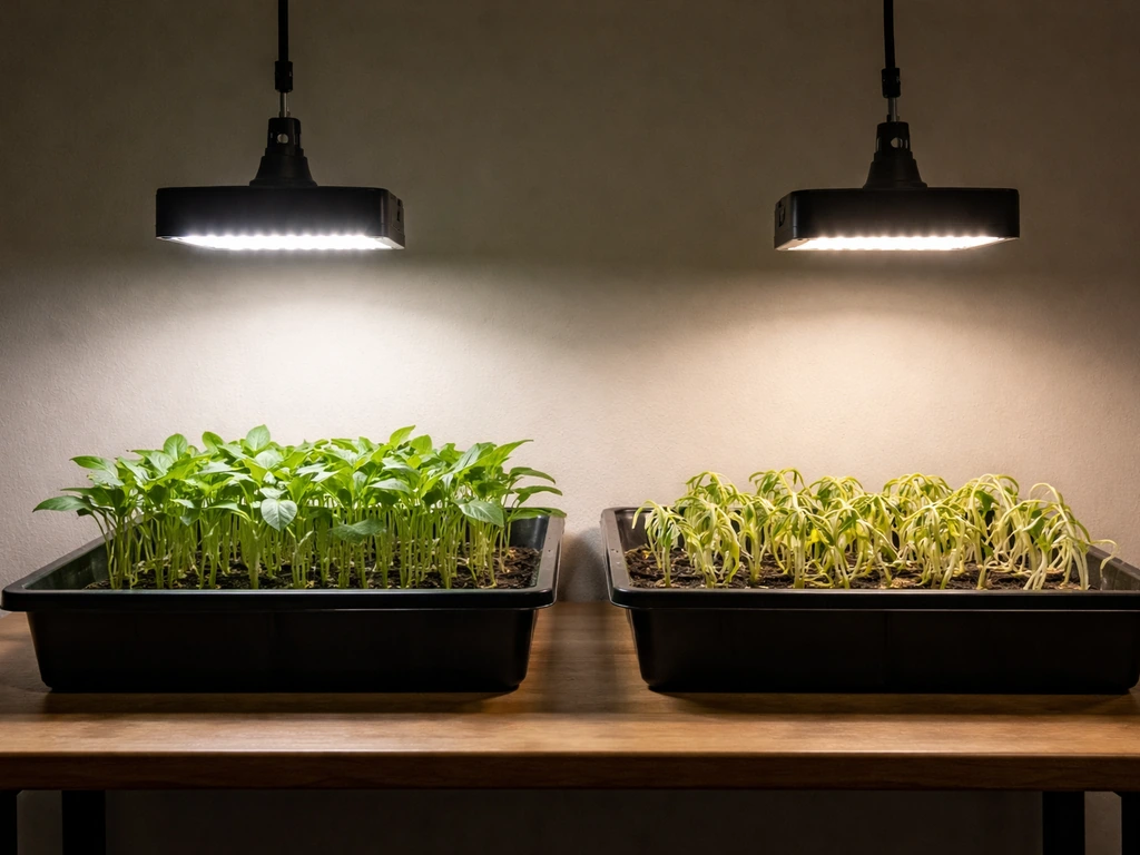 Two adjacent seed trays under dim LEDs showing leafy greens thriving while others droop.
