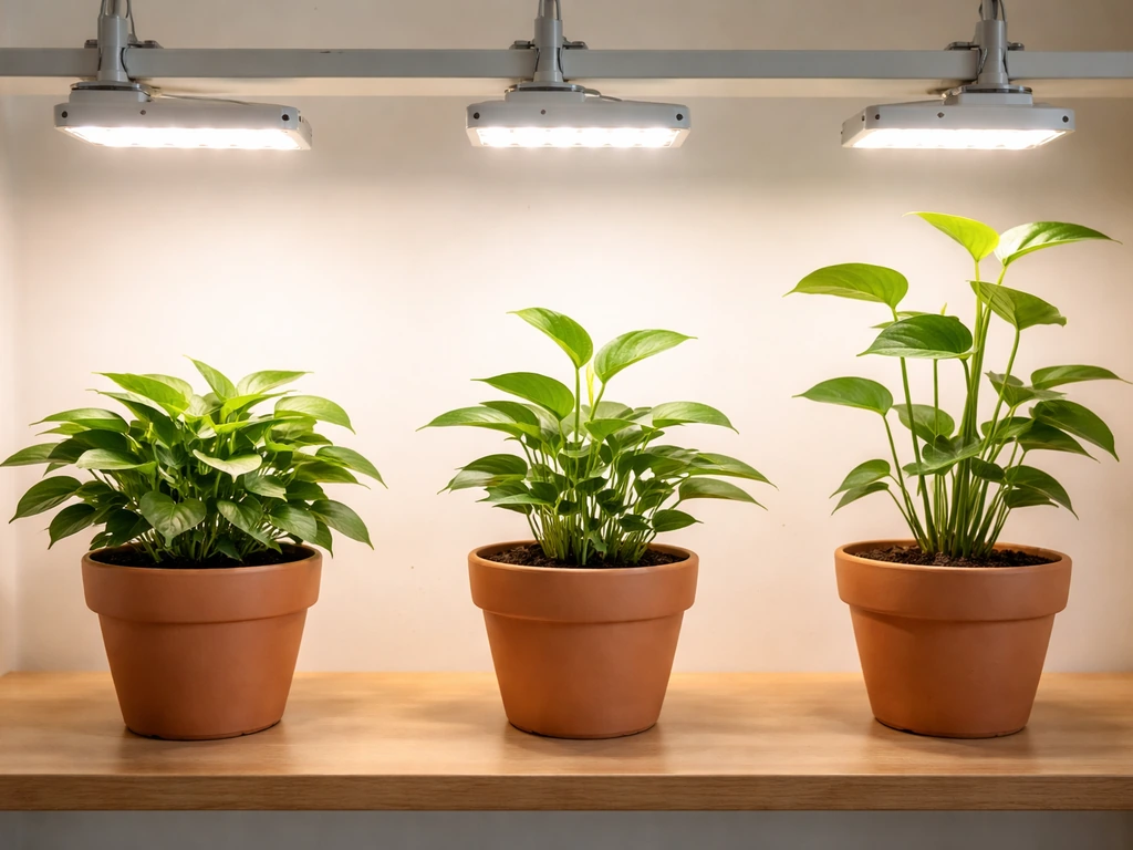 Three houseplants under different grow-light distances, showing compact vs leggy growth.