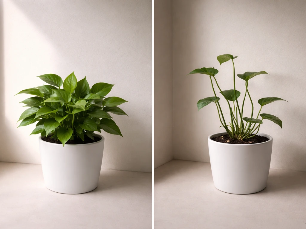One potted plant showing brighter light with lush leaves and dim light causing stretched stems.