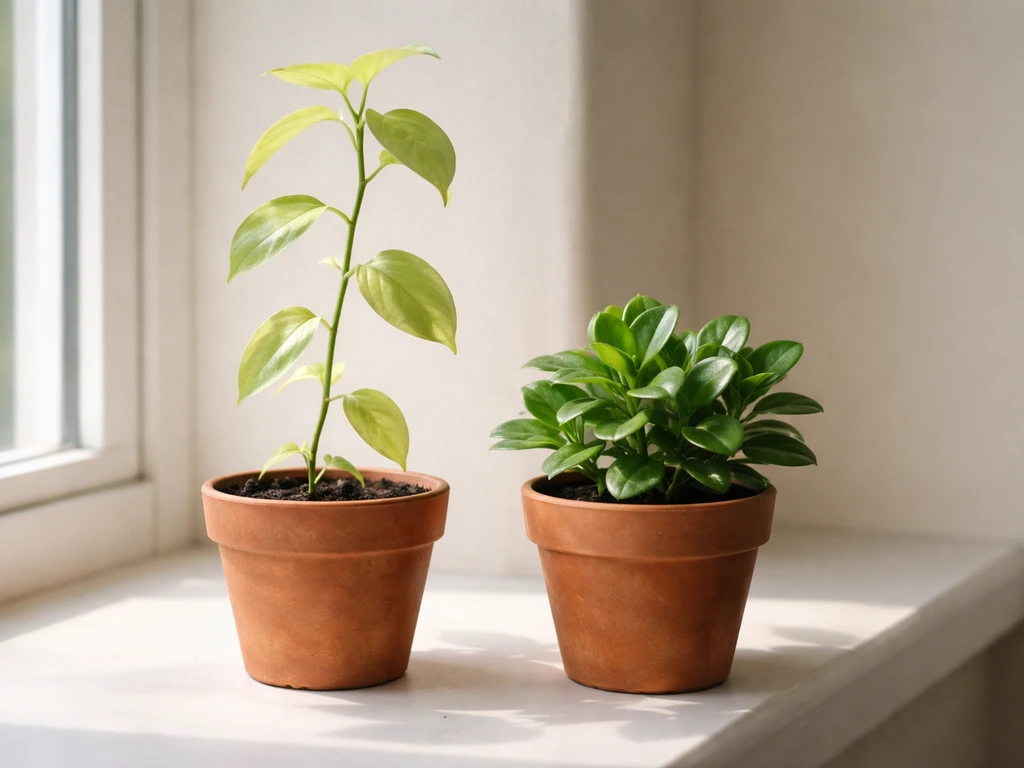 Leggy plant leaning beside a compact healthy plant under mixed light, highlighting light stress.
