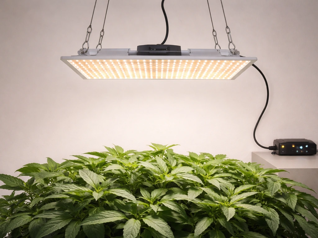 Top-down view of an LED grow light above leafy plants with a nearby timer/dimmer indicator lights.