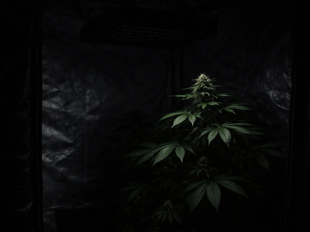 Indoor grow tent with a cannabis plant mostly in darkness and a blocked grow light showing light is required.