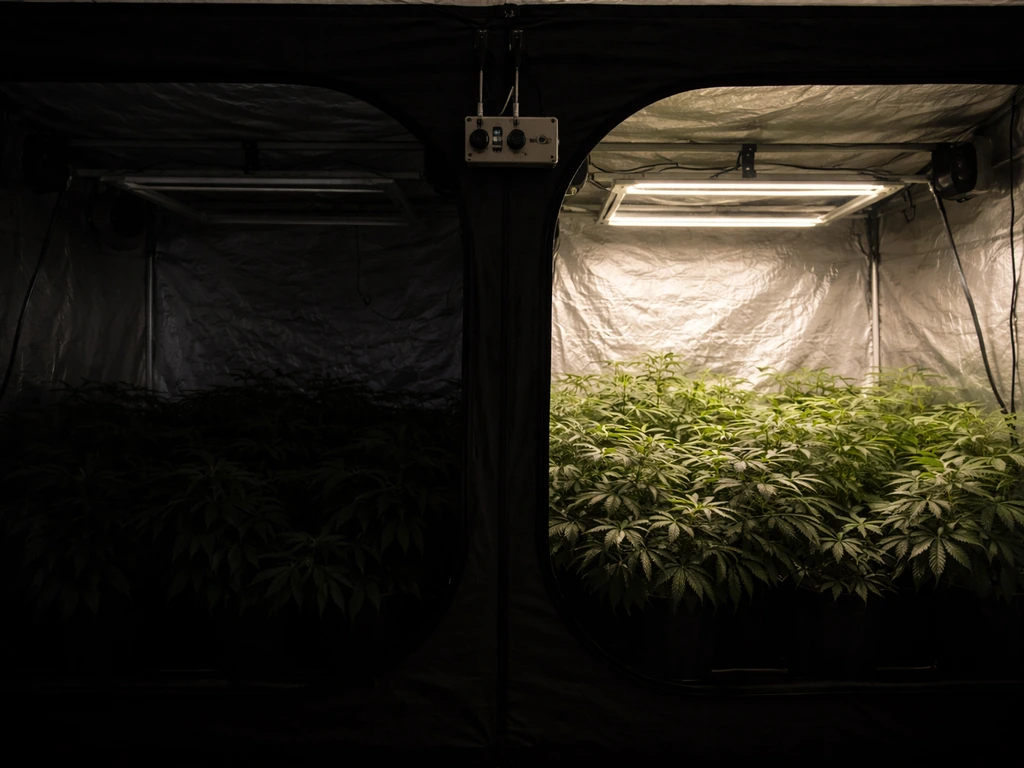Indoor grow tent split between near-total darkness and dim light at the plant canopy level.