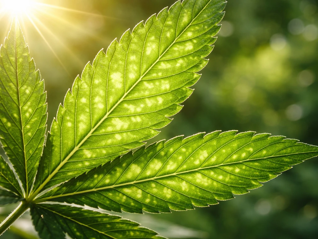 Close-up cannabis leaf with sunlight rays and chloroplast-like green structures showing photosynthesis