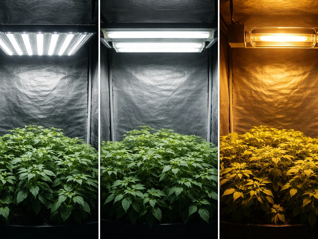 Three small indoor grow setups with LED, fluorescent, and HID lights over a bare plant canopy