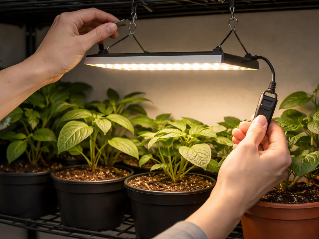 Hands switching on an LED grow light panel at the correct height above potted plants.