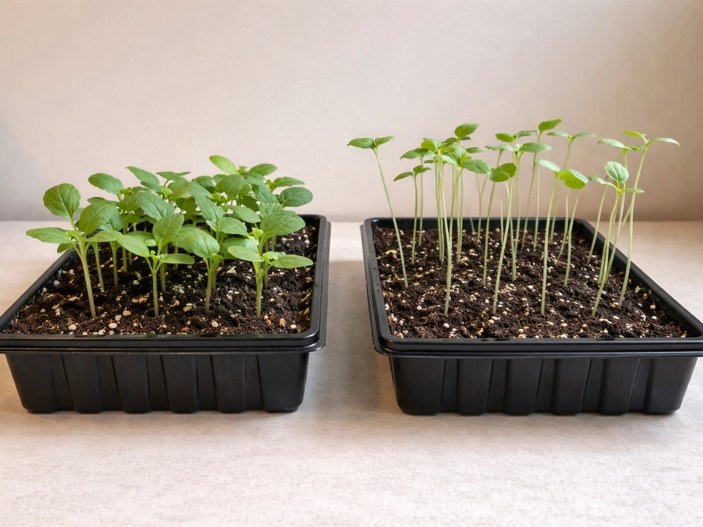 Side-by-side seedling trays: compact healthy sprouts vs stretched pale seedlings from insufficient light.