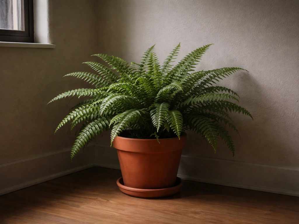 Lush Boston fern in a softly lit indoor corner, showing it can grow with limited light.