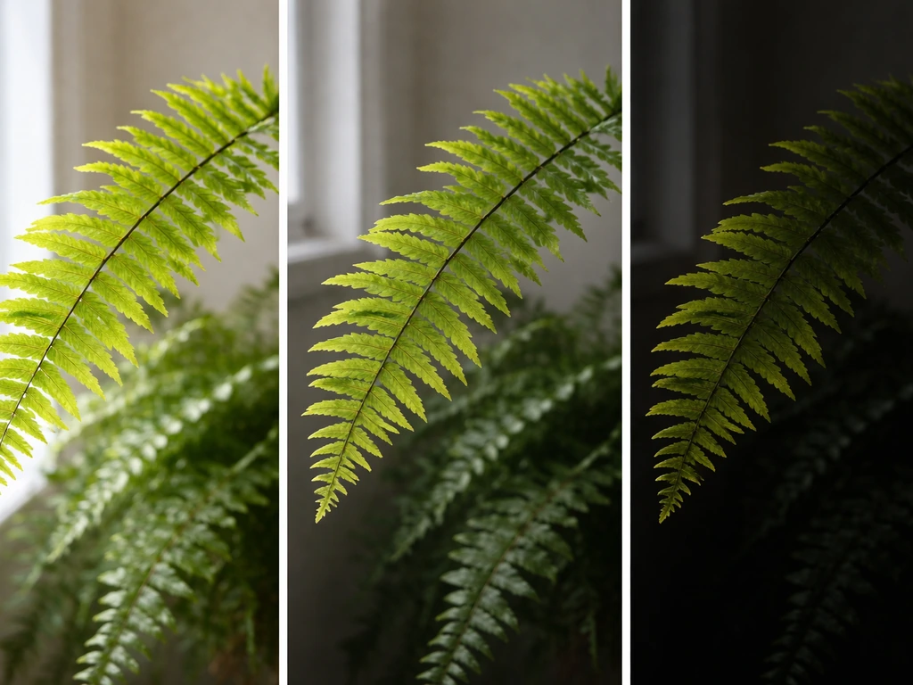 Boston fern fronds in three simple indoor brightness setups, from near window to farther dim corner.