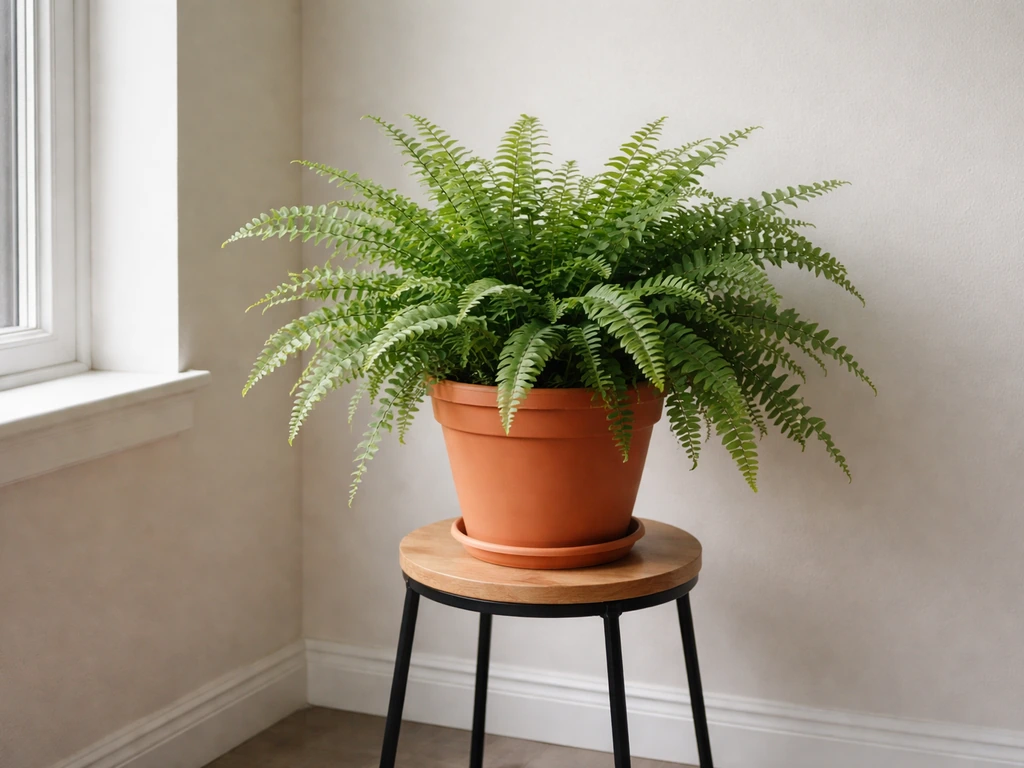 Boston fern in a small corner by a window, showing a bright microclimate spot with soft natural light.