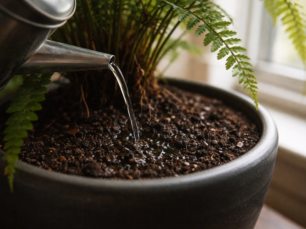 Slow watering can pour at soil level for a fern in dim light, with good drainage and no standing water.
