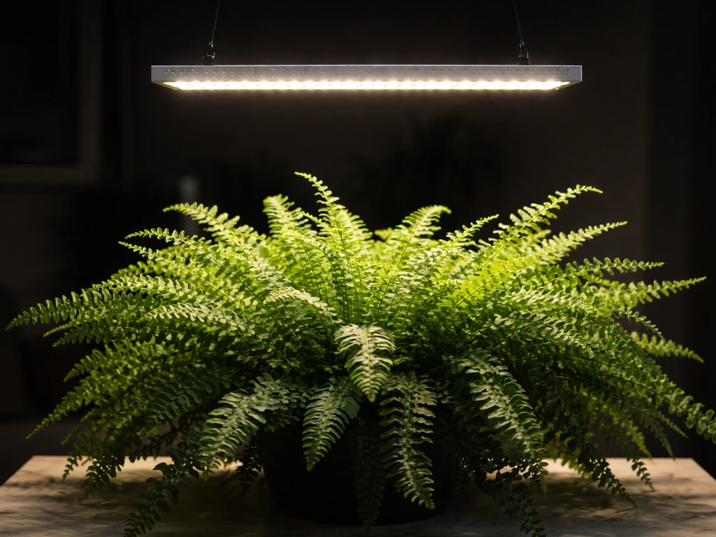 Full-spectrum LED grow light hanging above a Boston fern in a dim indoor room.